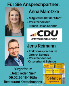 Bürgerforum „Jetzt, reden Sie!“ – CDU Sehnde lädt am 09.02. zum Dialog ein