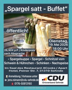 CDU Ortsverband Sehnde lädt zum traditionellen Spargelessen ein